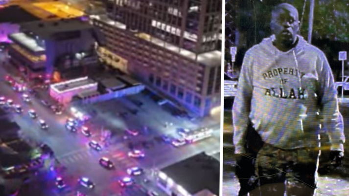 Police and suspect composite image related to mass shootings in the US.