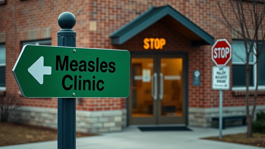 Measles Clinic sign at a health facility, highlighting Texas health news and vaccination efforts.