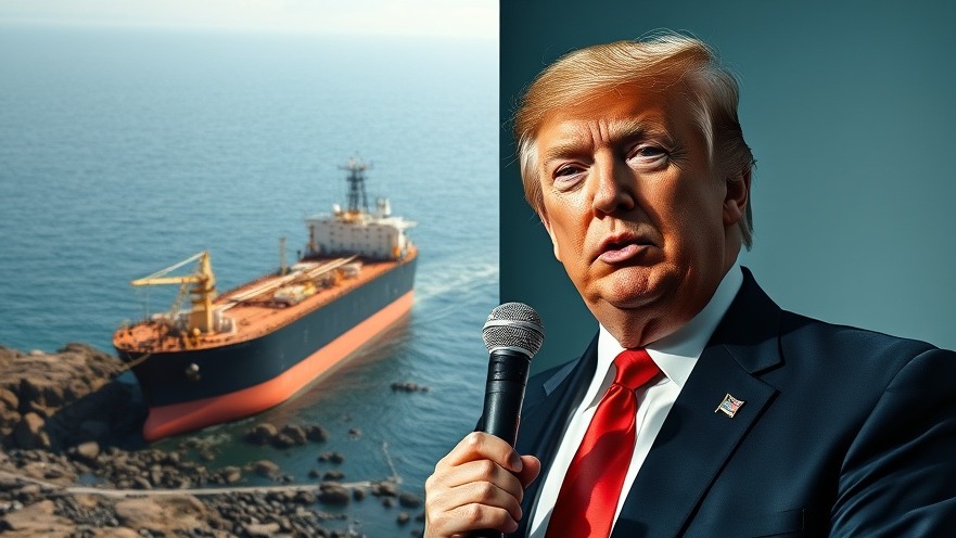 Split image of Trump speaking confidently, juxtaposed with an oil tanker, illustrating military tensions in US-Iran relations.