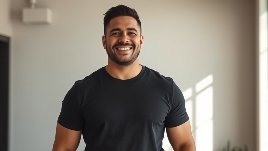 Smiling Hispanic man in a modern room, showcasing sports legends USA vibes.