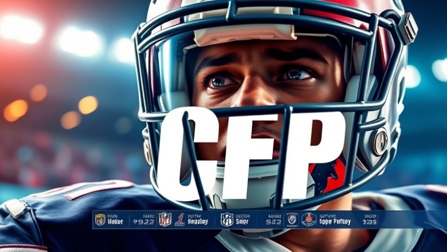 Dynamic College Football Playoff graphic featuring a helmeted player, vibrant logos, and energetic composition.