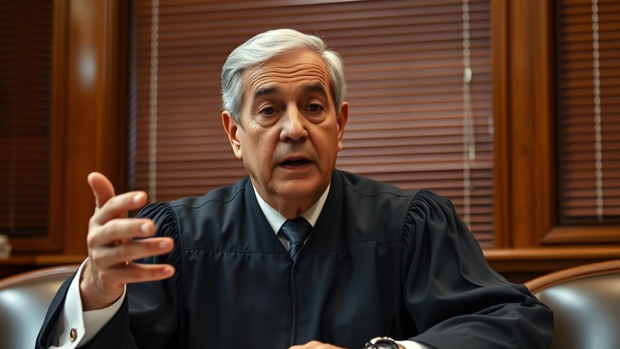 Focused older Hispanic judge in a formal meeting, conveying Houston local news.