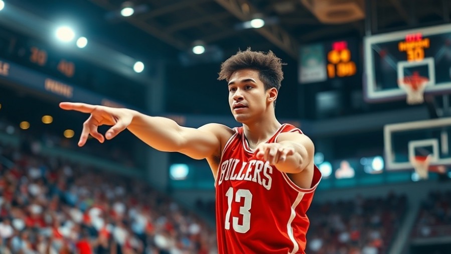 Dynamic young NBA star in action, showcasing performance metrics with vibrant colors.