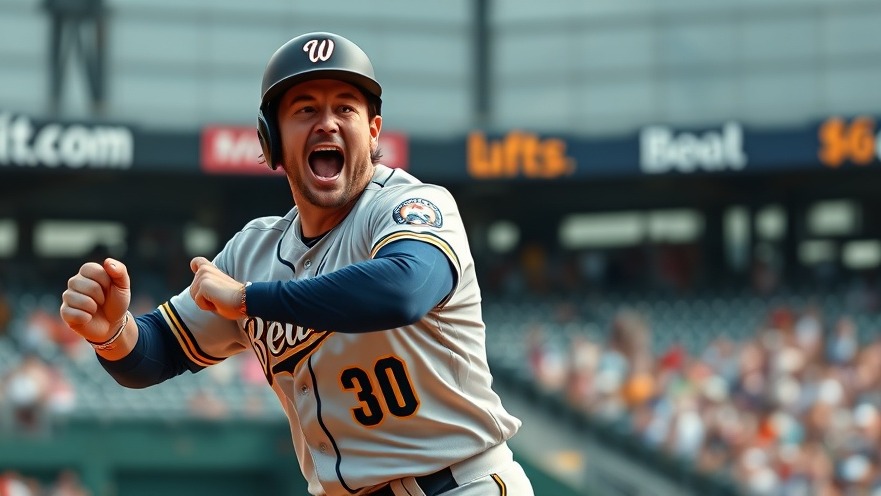 Excited baseball player in Brewers uniform celebrating a walk-off win in extra innings.