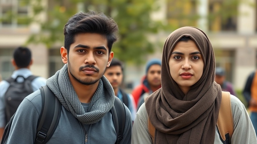 Confused young Hispanics and Muslims on college campus discussing Texas education policies.