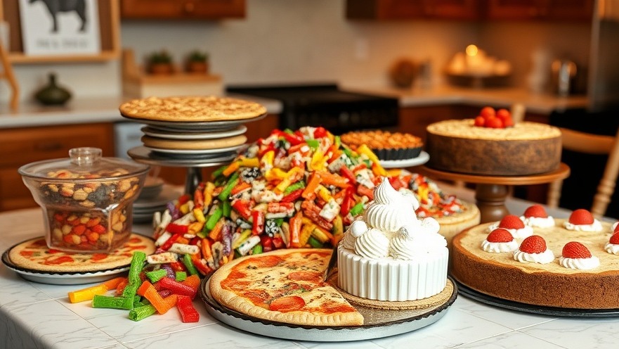 Indulgent treats like candy and pizza contrast with healthy eating habits.