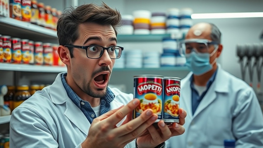 Surprised man reacts to canned food in lab, highlighting ultra-processed foods health concerns.