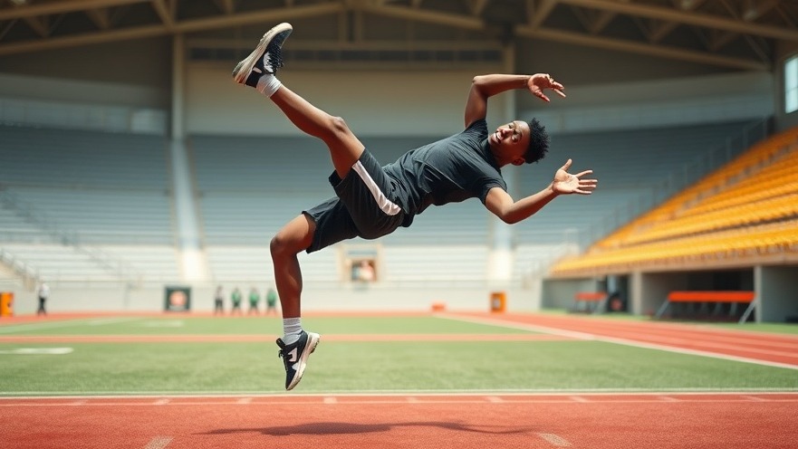 Energetic black teenager mid-backflip on sports field, capturing college football scores excitement.
