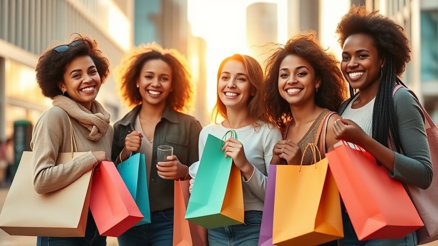 Diverse shoppers joyfully sharing excitement in Houston's vibrant retail scene.