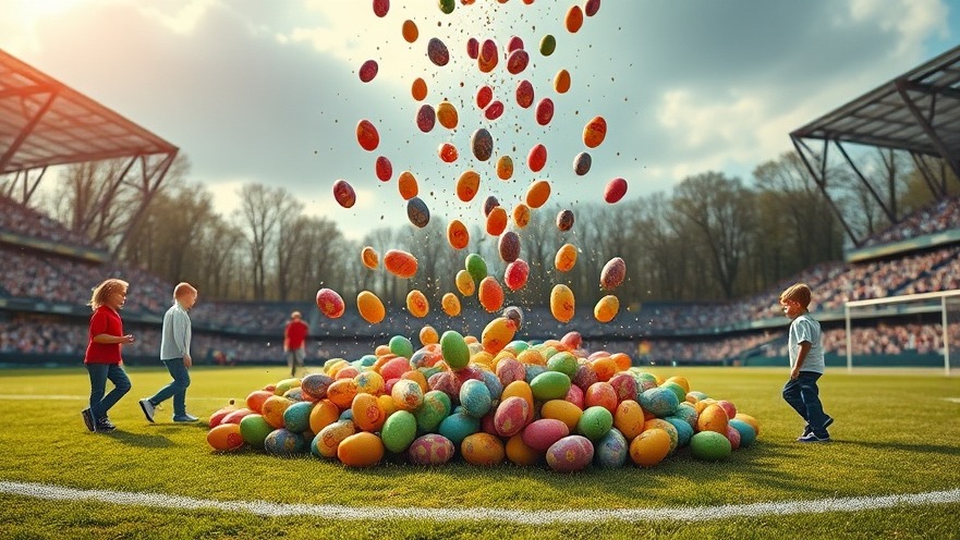 Children excitedly gather as colorful Easter eggs drop on a soccer field.