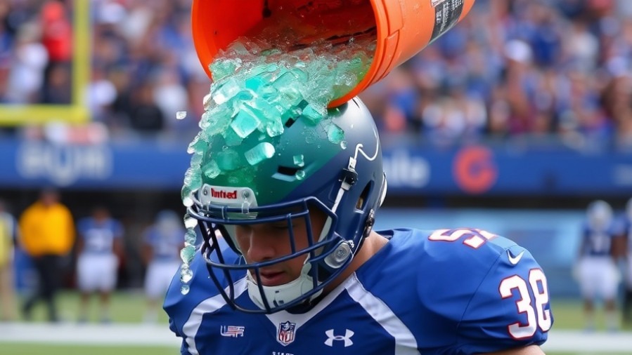 Football player celebrating with Gatorade dump, showcasing community engagement in chilly trends.