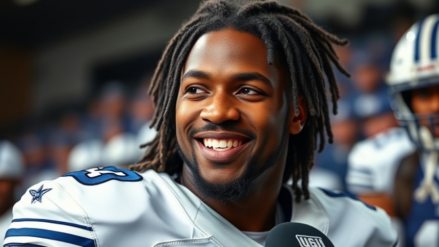 Confident black Cowboys athlete smiles during interview, highlighting athlete mental health and team dynamics.