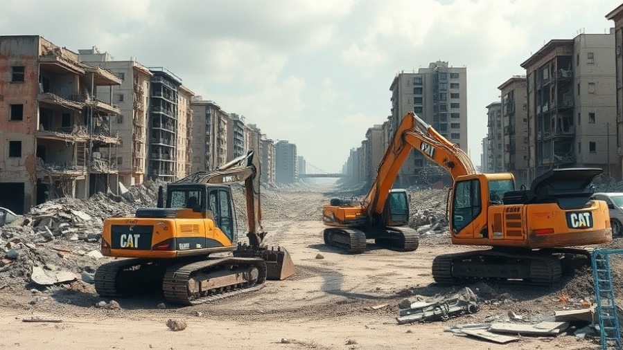 Excavators in Gaza conflict clearing rubble, highlighting humanitarian crisis impact.
