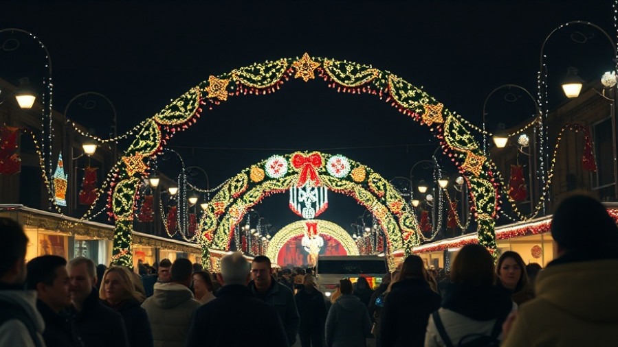 Festive San Antonio holiday events: crowd under luminous Christmas arch.