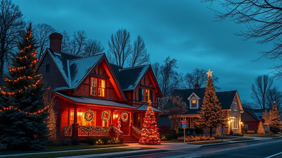 Texas Christmas warmth with trees and houses adorned in festive lights.