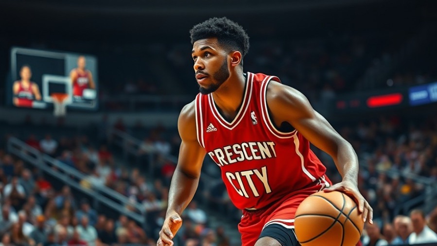 Dynamic NBA highlights of a player in crescent city jersey, showcasing basketball teamwork.