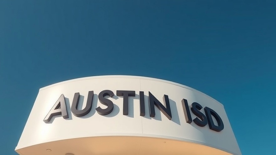 Minimalist sign 'AUSTIN ISD' against a clear blue sky, showcasing Texas education activism.