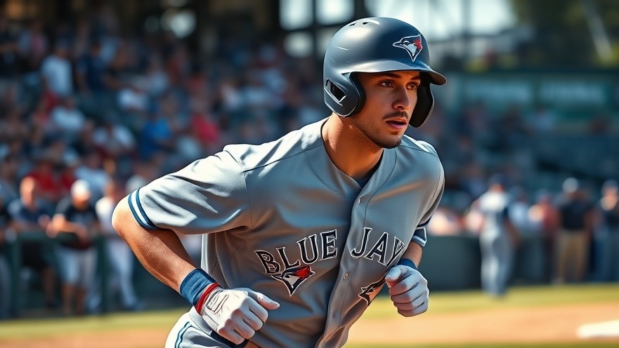 Toronto Blue Jays player preparing for base running in dynamic motion.