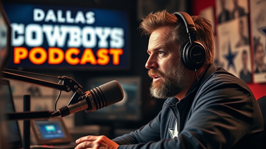 Mature male radio host discussing football dynamics in a dimly lit podcast studio.