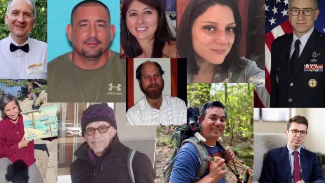 Collage of missing scientists with status labels in news broadcast.