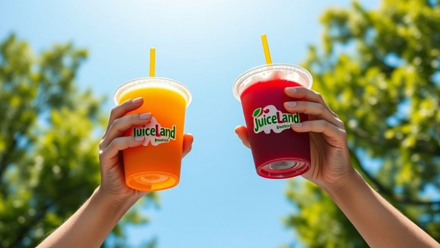 Colorful JuiceLand cups highlighting San Antonio dining under a bright blue sky.