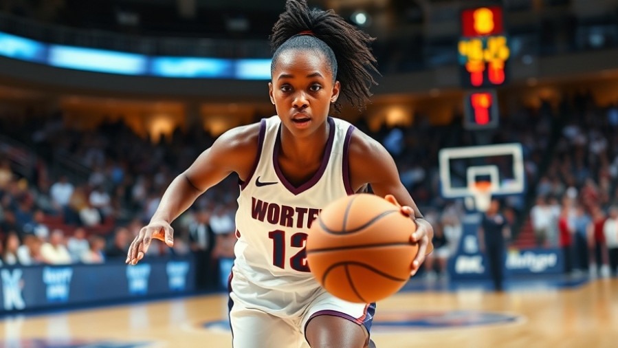Focused black female athlete dribbling in white uniform, showcasing women's college basketball performance.