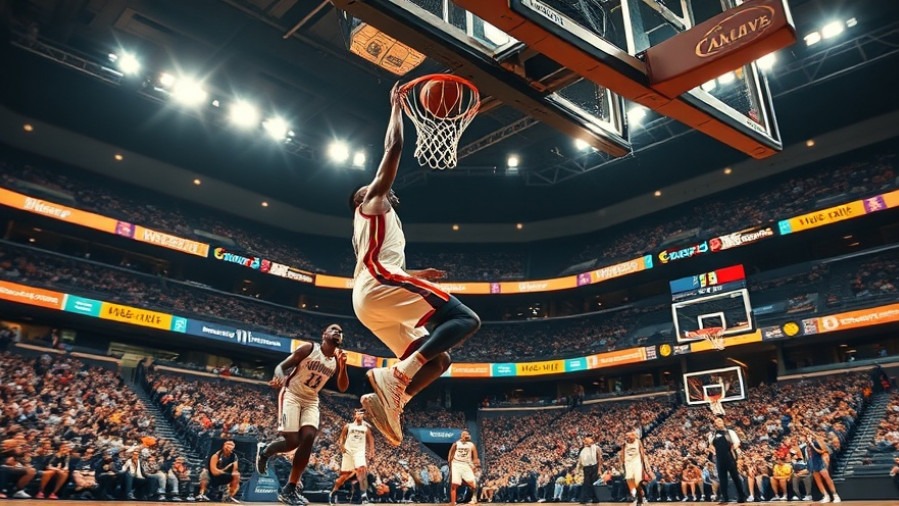 Dynamic basketball highlights capturing player dunking in a vibrant indoor stadium.