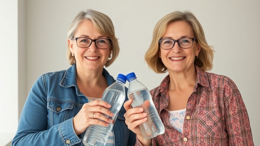 Two middle-aged women sharing hydration tips while holding water bottles.