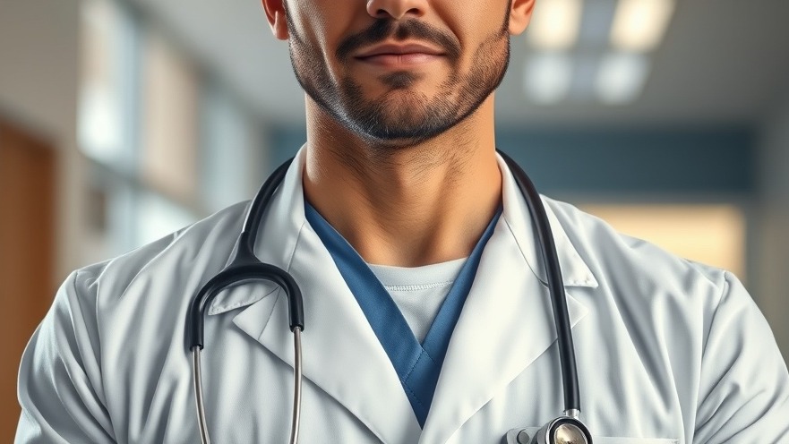 Male doctor with stethoscope promotes health screenings in a community clinic.