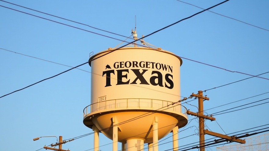 Georgetown water tower symbolizes energy needs amidst population growth and business development.
