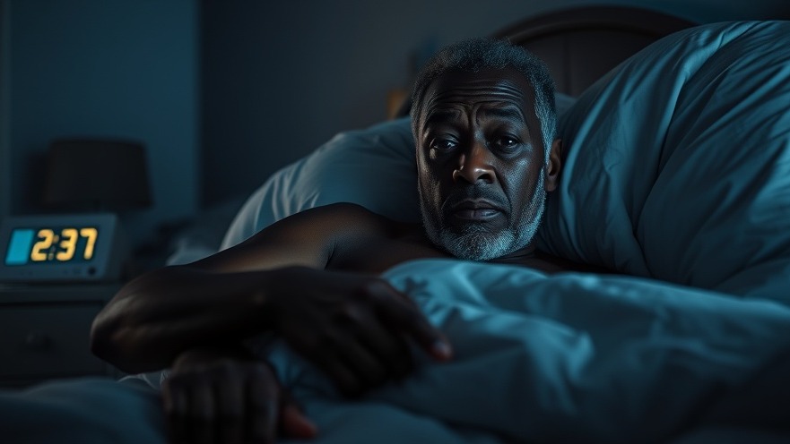 Older black man discussing sleep hygiene tips for seniors in dimly lit bedroom.