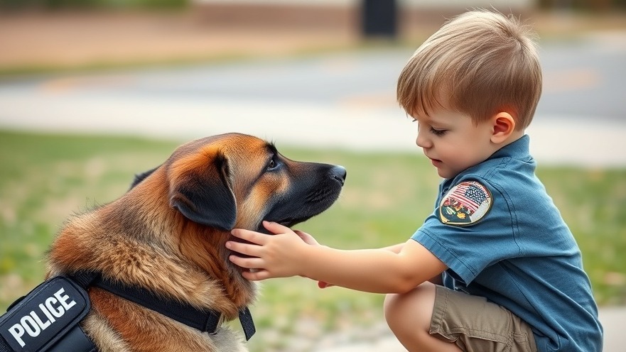Little boy petting a police dog, showcasing K-9 units in community engagement.