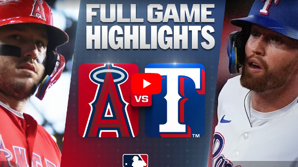 Texas Rangers Angels game highlights with team logos and players.