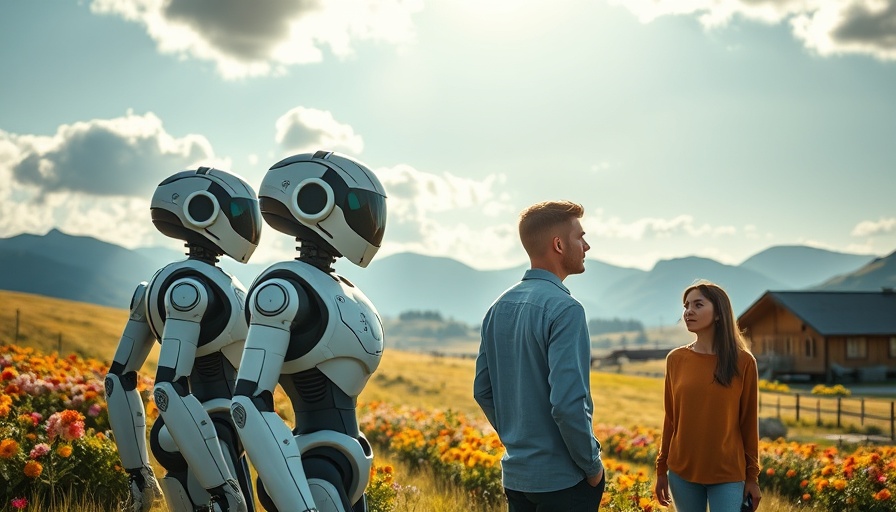 Humanoid robots observing people in scenic countryside, AI Coding Assistants.