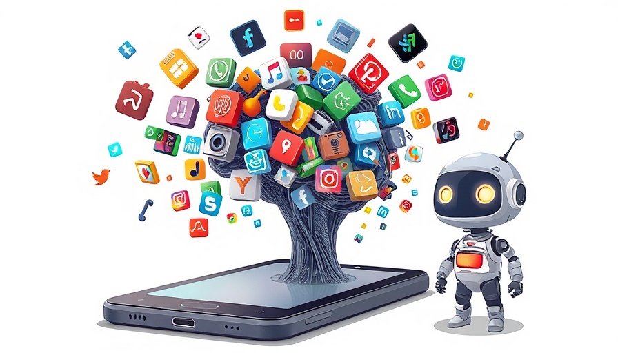Illustration of app icons and a robot symbolizing AI companion apps addictive.