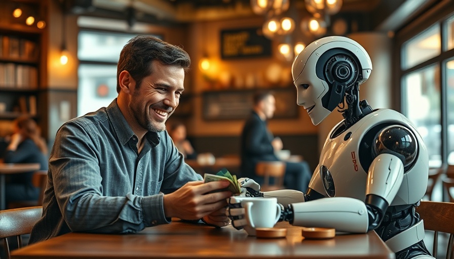 Human and robot discussing control AI code generation costs at coffee shop.