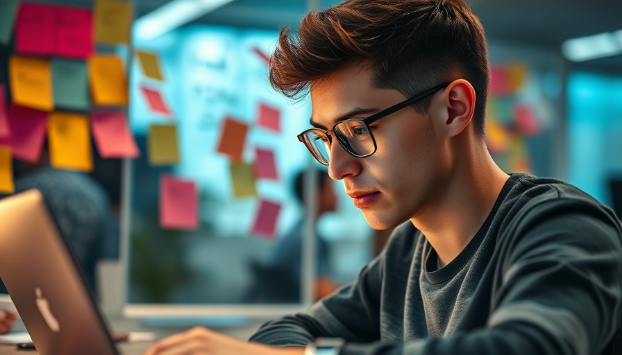 AI for lawyers: Man focusing on laptop in dynamic office.