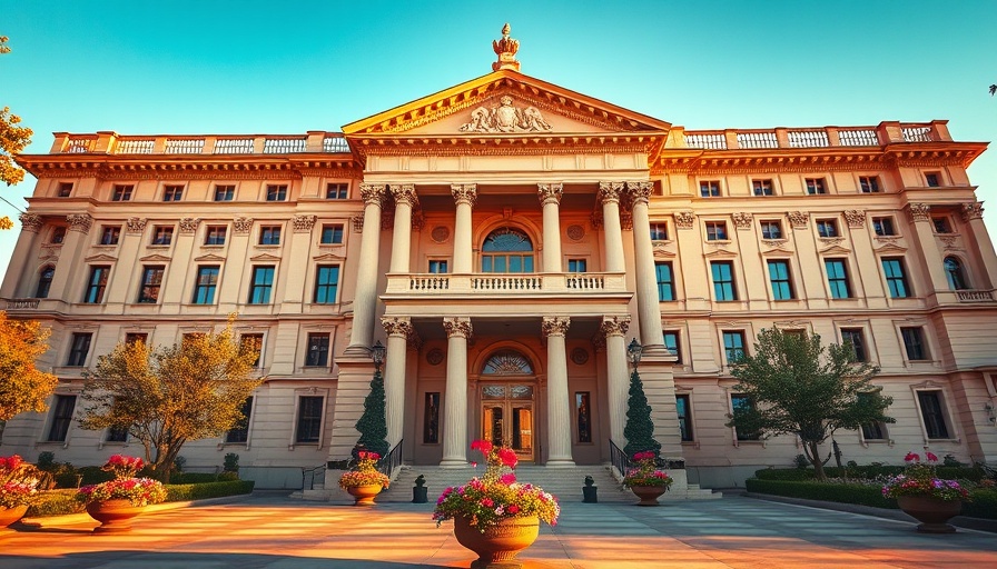 AI for lawyers concept: grand neoclassical building with flowers.
