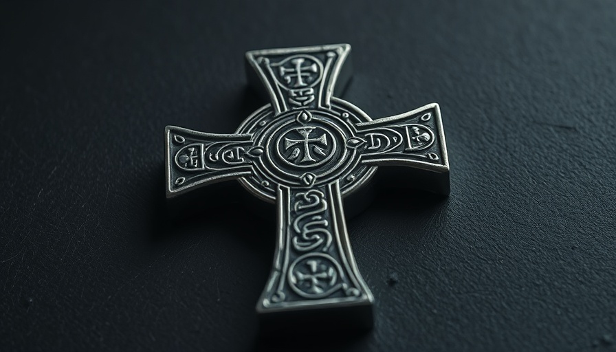 Ancient silver cross with engraved magic symbols, showcasing metallic texture