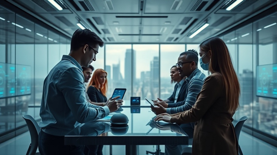 AI in workforce management depicted with a futuristic office and digital interfaces.