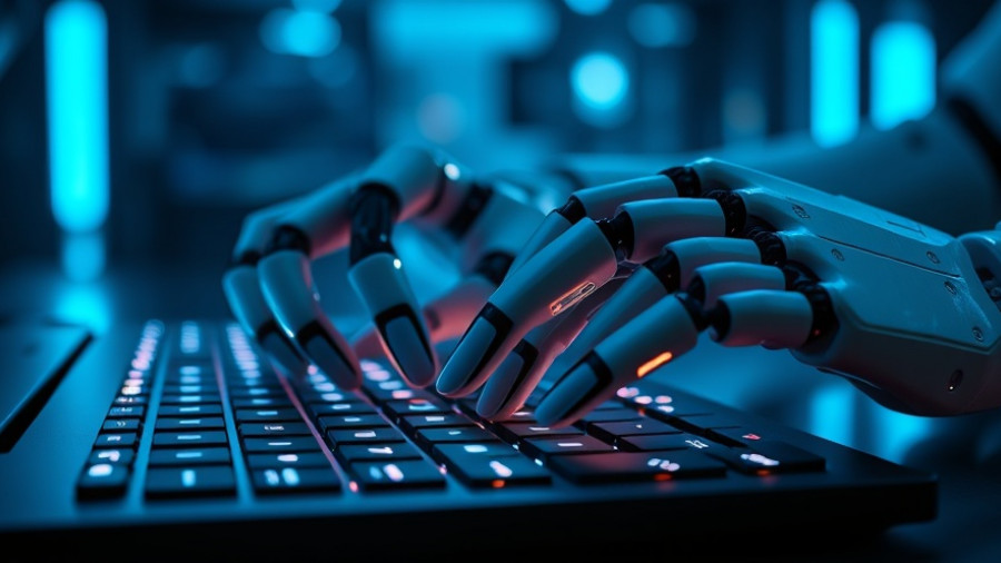 AI marketing innovations depicted by robotic hands typing on a keyboard.