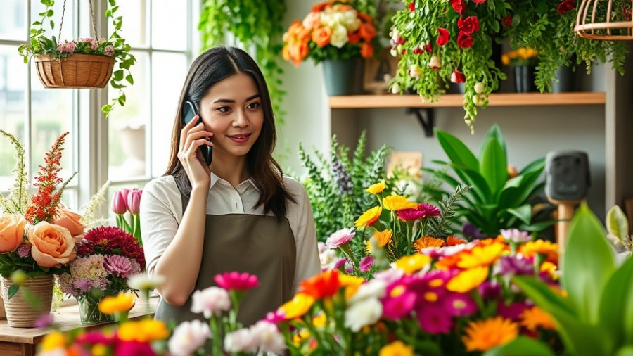 Florist using AI voice agents for business in blossom-filled shop