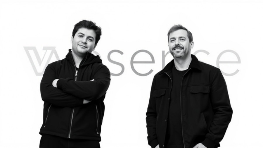 Two men in black jackets with Vesence text, AI for lawyers concept.