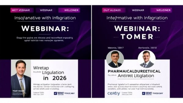 Legal webinar posters displaying 'Wiretap Litigation in 2026' and 'Pharmaceutical Antitrust Litigation' with speaker images, AI for lawyers.