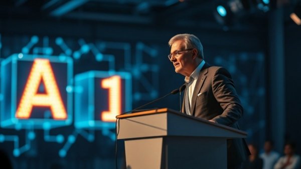 AI accountability in business: Speaker at conference with AI backdrop.