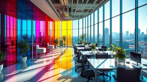 Colorful modern office design reflecting light with vibrant glass walls, symbolizing designing effective multi-agent architectures.