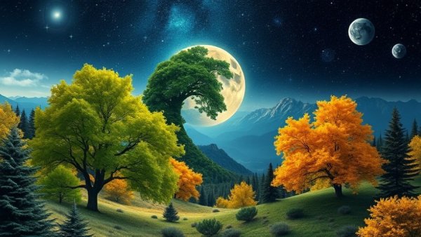 Surreal yin and yang landscape with cosmic elements, symbolizing balance.