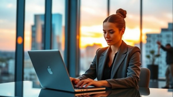 AI Voice Agents for Business: Woman using laptop in sunlit office.