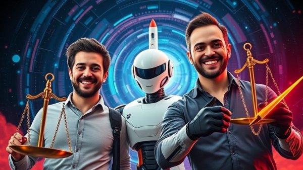 AI for lawyers adventure with smiling men and robot, space theme.