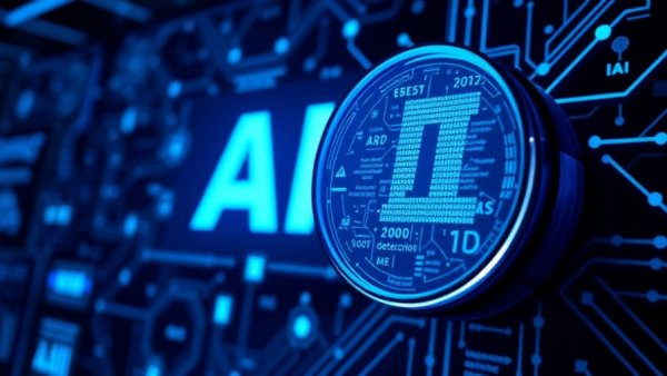 Conceptual illustration of AI detection tools with futuristic design, showcasing magnified AI text and statistics in 2025.